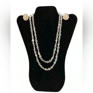 Glass Aurora Borealis Crystal Dual Strand Necklace + Clip Earrings marked Lisner